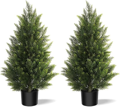 Outdoor Artificial Cedar Topiary Tree, Faux Evergreen Shrubs for Front Porch Decor, Lifelike Fake Bushes Plants for Home Living Room Front Door Decor (2, 3ft)