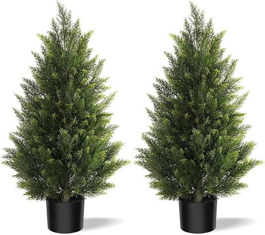 Outdoor Artificial Cedar Topiary Tree, Faux Evergreen Shrubs for Front Porch Decor, Lifelike Fake Bushes Plants for Home Living Room Front Door Decor (2, 3ft)