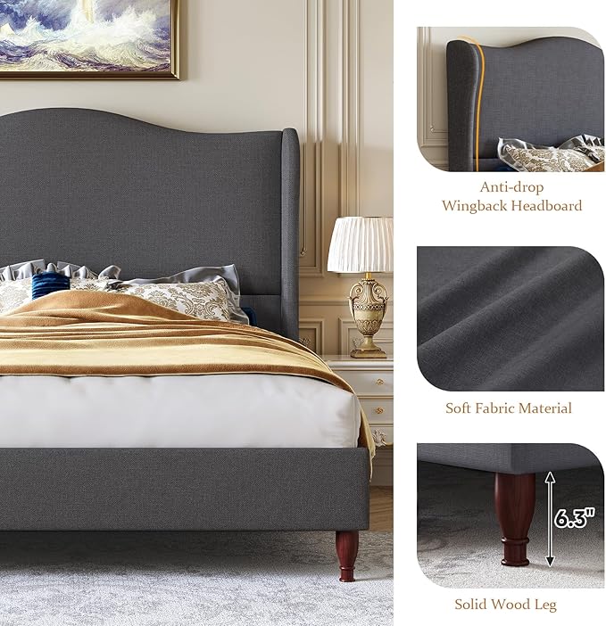 koorlian Queen Upholstered Bed, Soft Chenille Sleigh Platform Bed Frame with Wingback Tall Headboard, Retro Minimalist/No Box Spring Required/Easy Assembly, Grey