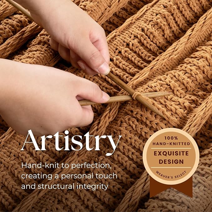 Boho Knitted Chenille Blanket with Tassels - Lightweight & Soft All-Season Throw - 3D Classic Pattern for Living Room Bedroom Couch, Amber Brown, Throw 50"x60"
