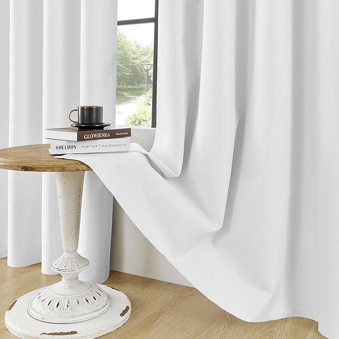 ChrisDowa 100% Blackout Pure White Solid Curtains 54 Inches Long 2 Panels for Bedroom Living Room,Farmhouse Room Darkening Thermal Insulated Soundproof Grommet Top Window Treatment Drapes,52x54