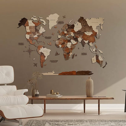 Handmade 3D Wood World Map Wall Art Large Wall Decor Track Your World Travels - Special for Home, Kitchen and Office (Medium, Multicolor)