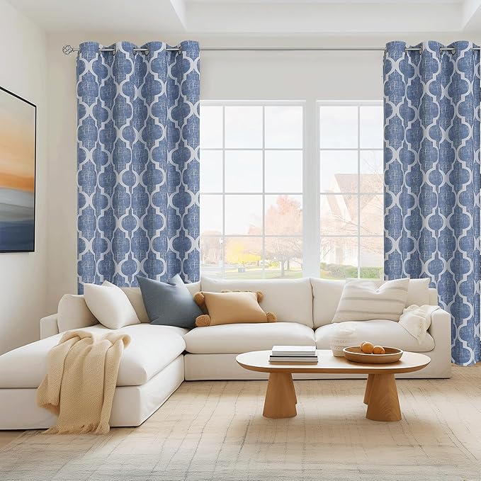 Beauoop 100% Blackout Curtains 84 Inches Long 2 Panels for Bedroom Living Room Blue Moroccan Geo Room Darkening Thermal Insulated Soundproof Grommet Top Window Treatments Drapes, 50x84 Set of 2