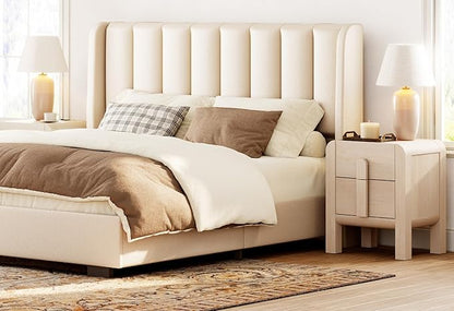 WAMPAT 23.7" Tall Modern Nightstand with Charging Station,Wood Bedside Table w/2 Storage Drawers,Curved Profile Design,Sofa Side Table End Table for Bedroom, Living Room, Beige