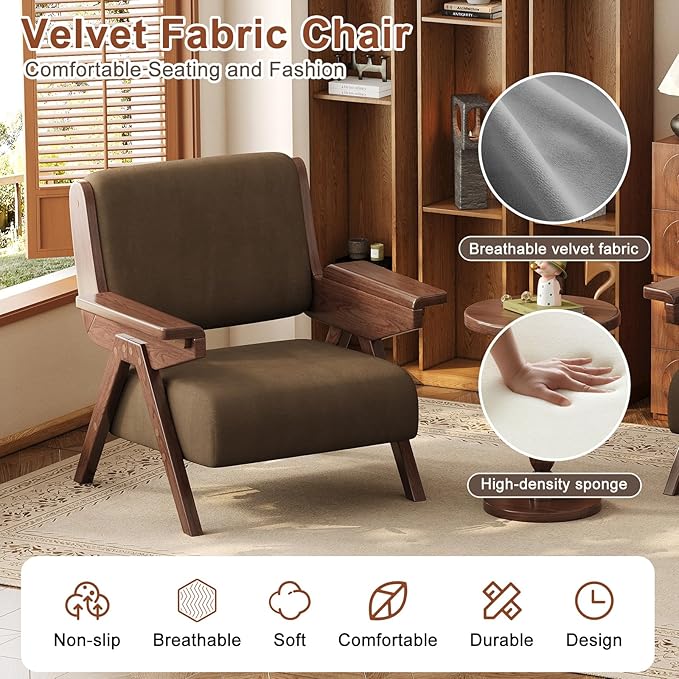 Accent Chair Mid Century Modern Chair, Velvet Upholstered Lounge Arm Chair with Solid Wood, Cozy Reading Chair for Living Room, Bedroom, Balcony (Coffee, Single Chair)