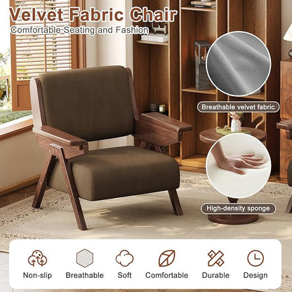 Accent Chair Mid Century Modern Chair, Velvet Upholstered Lounge Arm Chair with Solid Wood, Cozy Reading Chair for Living Room, Bedroom, Balcony (Coffee, Single Chair)