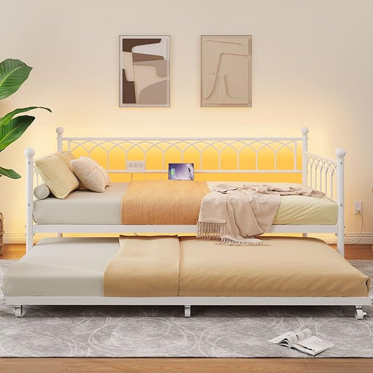 GarveeHome Daybed with Trundle, Metal Twin Trundle Bed with Charging Station & LED Lights, Sofa Beds Frame with Pull Out Bed for Living Room, Guest Room, Apartment, Small Spaces, White
