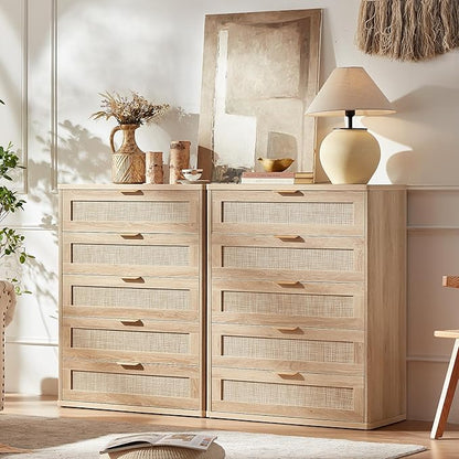 LEYAOYAO Rattan Dresser and Nightstand Set of 3, Boho Wood Dresser for Bedroom with 6 Drawers and Night Stand with Charging Station, Bedroom Furniture, Dressers & Chests of Drawers,Hallway,Living Room