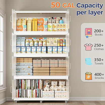 200GAL Extra Large Storage Bins with Lid, 800QT Collapsible Organizer with Wheels, Stackable Closet Cabinet with Doors, Folding Storage Containers for Home, Office, Kitchen, 4Pack White