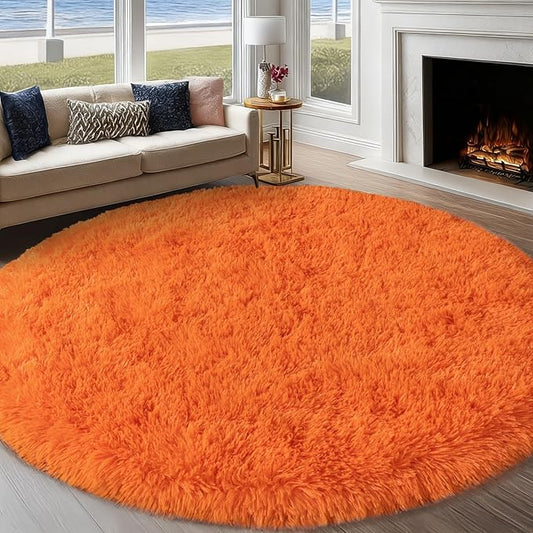 Round Orange Rug for Bedroom, 8 ft Circle Area Rugs for Living Room, Soft Large Fluffy Shag Carpet for Teen Girls Boys Nursery Room Dorm Home Decor Aesthetic