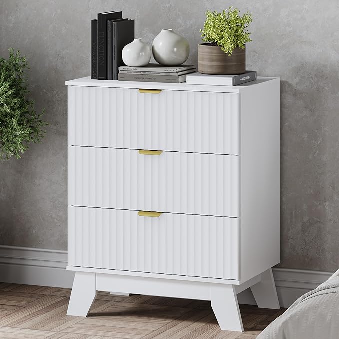 Fluted 3 Drawer Dresser, 30.3" Tall Compact Modern Boho Chest of Drawers, Wooden Storage Cabinet for Bedroom, Living Room, Entryway, Curved Profile Design
