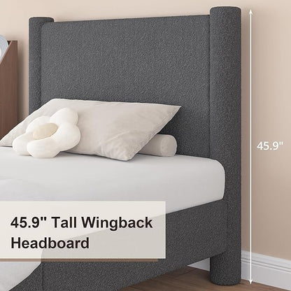 Queen Size Bed Frame, Boucle Upholstered Platform Bed Frame with Headboard and Footboard, Soft Bed Frame with Rounded Corners, No Box Spring Required, Easy Assembly, Dark Grey