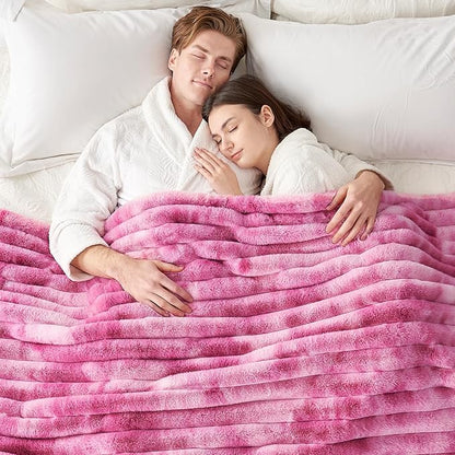 Cozy Bliss Faux Fur Throw Blanket for Couch, Cozy Warm Plush Striped Blanket for Sofa Bedroom Living Room, 90 * 90 Inches Tie-dye Pink