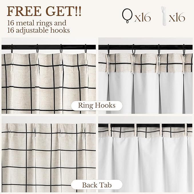 Plaid Pinch Pleated Curtains - Modern Luxury Linen Buffalo Blackout Drapes, Thermal Insulated Double Layer Window Panels for Living Room Bedroom, 95 Inches Long Black 2 Panels Set