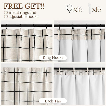 Plaid Pinch Pleated Curtains - Modern Luxury Linen Buffalo Blackout Drapes, Thermal Insulated Double Layer Window Panels for Living Room Bedroom, 108 Inches Long Black 2 Panels Set