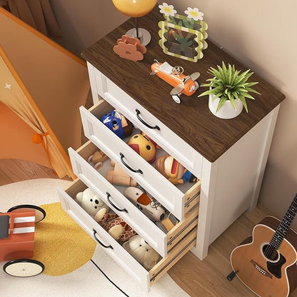Gizoon Dresser for Bedroom with 4 Drawers Wooden Chest of Drawers for Closet Dresser Storage Unit Organizer for Hallway Living Room and Office, White and Rustic