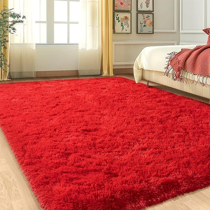 5x7 Red Rugs for Bedroom, Soft Fluffy Shaggy Rugs for Living Room, Non-Slip Modern Indoor Fuzzy Shag Floor Rug for Home Decor Aesthetic