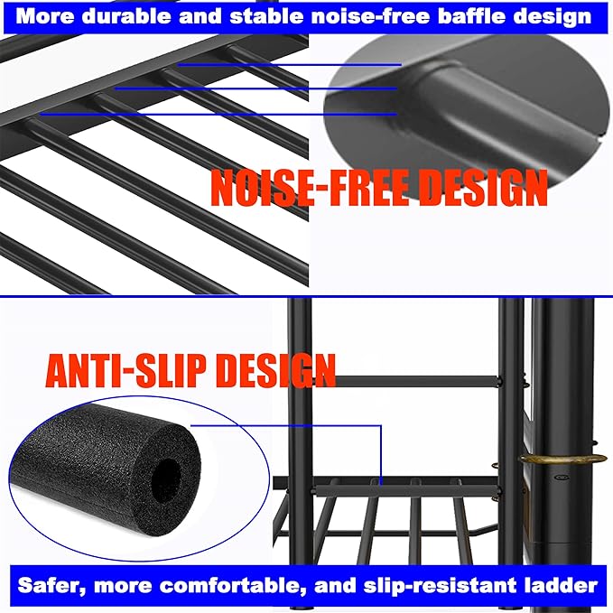 Upgraded Version Thickened Metal Heavy-Duty Queen Over Queen Bunk Bed, Best Convertible Industrial Queen Size Bunk Bed Frame with Ladder for Adults, Easy Assembly (Queen+Water Pipe)