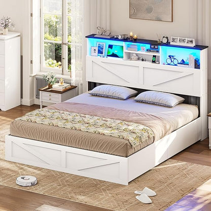 VIAGDO Farmhouse Bed Frame Queen Size with Bookcase Storage Headboard, Charging Station and LED Lights, Wooden Queen Bed Frame with 4 Drawers, Barn Door Design, No Box Spring Needed, No Noise, White