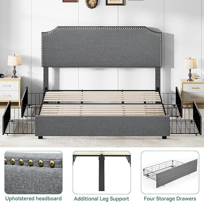 YITAHOME King Bed Frame with 4 Storage Drawers, Upholstered Platform Bed Frame with Adjustable Rivet-Trimmed Headboard, USB & Type-C Charging Ports, Wooden Slats, Easy to Assemble (Gray)