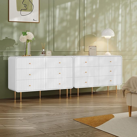 HLR Fluted 6 Drawers Dresser, 48'' Wide Modern Chest of Drawers with Gold Metal Handles,Dresser TV Stand for 2 Piece, Wood Dressers & Chest of Drawers for Bedroom, Living Room, Hallway (White)