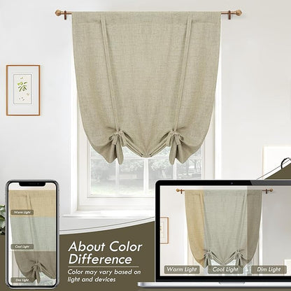 DriftAway Double Layer Linen Blackout Tie Up Curtains Thermal Insulated Fully Lined Balloon Roman Shade Bathroom Window Adjustable Rod Pocket for Small Window 31 Inch by 47 Inch Light Khaki Linen