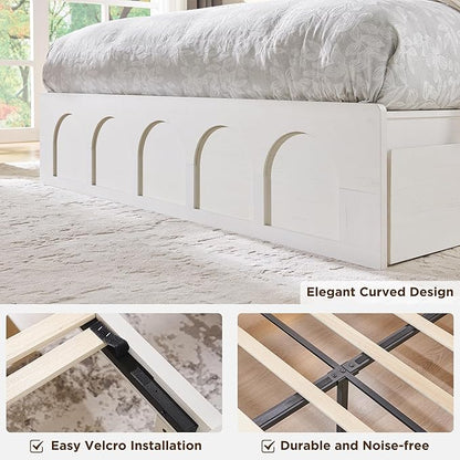 ACCOHOHO Queen Size Bed Frame Modern with 52" Tall Arched Recessed Headboard and 4 Drawers, Solid Wood Slats Support, Wood Platform, Noise Free, No Box Spring Needed, Antique White