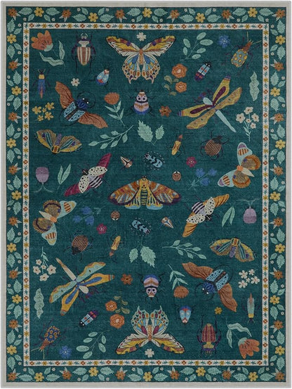 Lahome Insect 9x12 Area Rugs for Living Room Bedroom, Soft Washable Rugs 9x12 Stain Resistant, Ultra-Thin Non-Slip Non-Shedding Accent Carpet for Dining Room Office, Dark Green