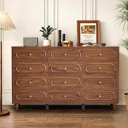 12 Drawer Fluted Dresser for Bedroom, Mid Century Modern Chest of Drawers, Wood Storage Small Dresser Organizer for Bedroom Living Room Hallway Closet, Walnut