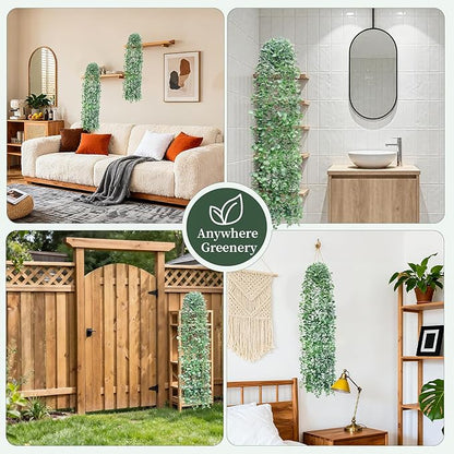 Artificial Hanging Plants for Shelf, Fake Potted Greenery 2-Pack Faux Eucalyptus Vine in Black Pot, Décor for Office Living Room Bathroom Indoor Outdoor