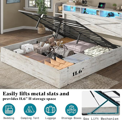 AMERLIFE King Size Lift Up Storage Bed Frame, 45.1" LED Bed Frame with 2 Side Shelves & Bookcase Headboard, Farmhouse Wood Platform Bed with Charging Station, No Box Spring Needed, Distressed White
