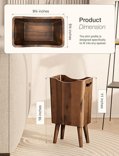 2 Gallons Wooden Trash Can 4 Legs - Acacia Wooden Bin, Wood Bathroom Accessories - Small Bin, Waste Basket for Bedroom, Office Garbage Can - Bathroom Trash Can, Patent Pending (Walnut Color)