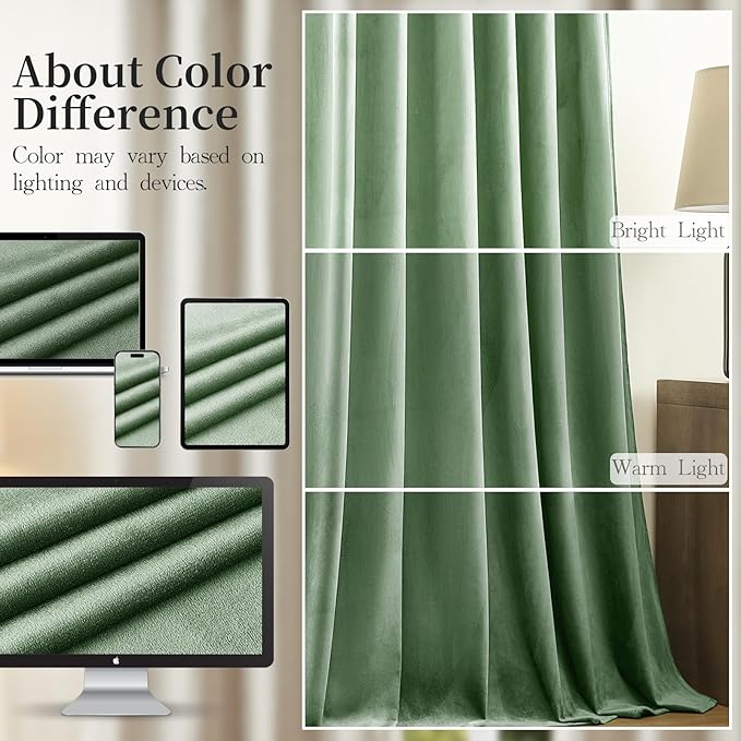 Sage Green Velvet Curtains 102 Inches Long for Bedroom, Super Soft Room Darkening Thermal Insulated Curtains Luxury Window Drapes for Living Room Nursery, Back Tab Rod Pocket, W52 x L102, 2 Panels