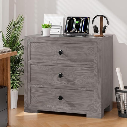 COWMOU Nightstand with Drawers 3 Drawer Night Stand with Charging Station Farmhouse Style Large Bed Side Table Wooden Dresser for Bedroom Living Room (1, Grey Grain)