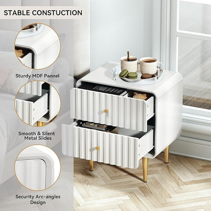 HLR Modern Nightstand Set of 2, Fluted Bed Side Table with 2 Drawers Storage, Wood End Table with Gold Metal Handle, White Night Stands for Bedroom