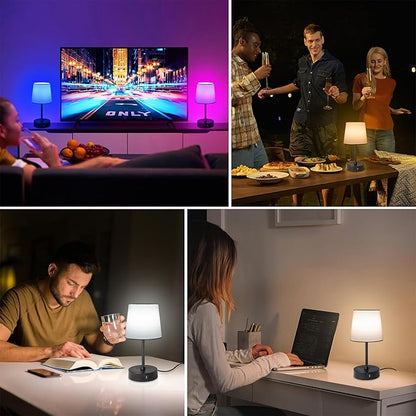 Ascher Small Bedside Table lamp, RGB Color Changing Lamps, 3 Color Temperatures, Dimmable Nightstand Lamp with USB C+A Ports, Touch Desk Lamp for Bedroom Living Room, H11.4in(White Shade)