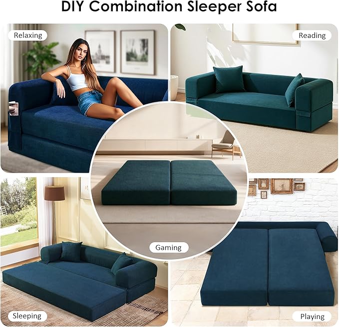 80" Convertible Sofa Bed, 3-in-1 Corduroy Folding Pull Out Couch with Pillows, No Assembly Modern Boneless Couch Compression Sofa in Box, Floor Sofa with Side Storage Pocket for Living Room,Dark Blue
