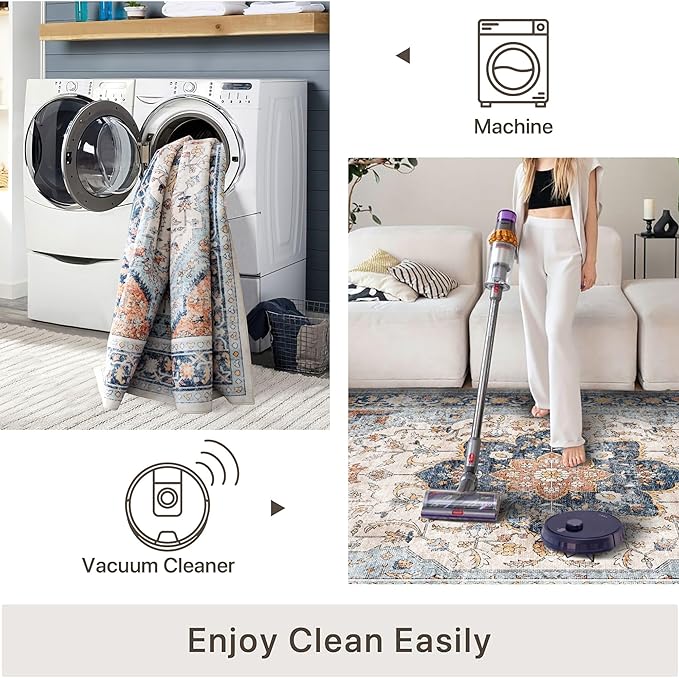 vivorug Boho Runner Rug 2x10 Machine Washable Rug with Non-Slip Backing, Ideal for Kitchen Hallway Entryway Laundry Room - Vintage, Durable, Easy Clean, Low Pile Carpet Runner Orange/Navy