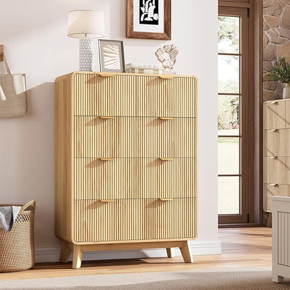 QUW Fluted Dresser for Bedroom with 5 Drawers, Modern 40.2" Tall Drawer Dressers with Metal Handle, Wooden Chest of Dresser for Living Room, Hallway, Natural Oak