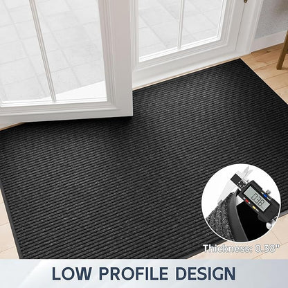 Front Door Mat, 48" x 24" Heavy Duty Indoor Outdoor Doormat, Non-Slip Welcome Mats for Entryway, Rubber Backing Low Profile Commercial Door Mats, Black Stripe
