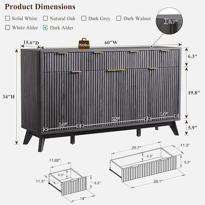 T4TREAM Large Buffet Sideboard Cabinet with Storages, 60" Fluted Modern Buffet Table Coffee Bar Wine Bar Storage Cabinet with 3 Drawers & 4 Doors for Dining Room, Living Room, Hallway(Dark Alder)