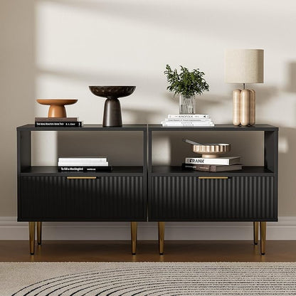 Nightstand with Drawer, End Table with Storage, Bed Side Table with Open Space for Bedroom, Modern Nightstand with Golden Handle, Side Night Stand for Bedroom, Living Room, Black