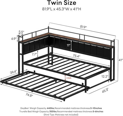 LIKIMIO Daybed with Trundle, Twin Corner Bed Fram with Bedside Storage,Sofa Day Bed for Living Room, Bedroom and Guest Room,Black