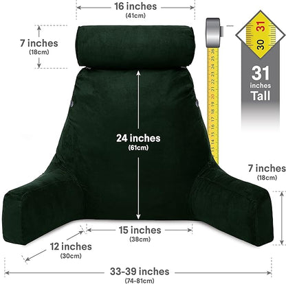 Husband Pillow XXL Aspen Edition, Adult Reading Sit Up Bed Rest Pillow for Bed with Arms & Neck Roll on Bungee Cord - Premium Memory Foam, Reversible 2 Sided Cover Micro Suede or Plush, Ramona Green