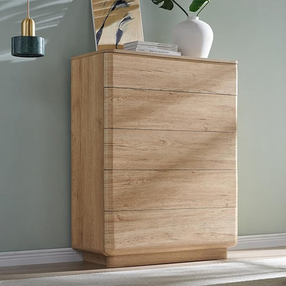 ACCOHOHO Modern 5 Drawer Dresser for Bedroom, 42" Tall Wooden Dressers with Large Storage,Handleless Chest of Drawers for Living Room & Hallway, Curved Profile Design, Natural Oak
