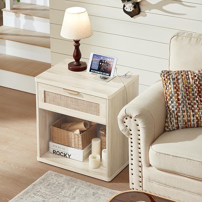 LEYAOYAO Rattan Dresser and Nightstand Set of 2, Boho Wood Dresser for Bedroom with 6 Drawers and Night Stand with Charging Station, Bedroom Furniture, Dressers & Chests of Drawers,Living Room,Hallway