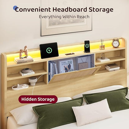 King Size Rattan Bed Frame with 4 Storage Drawers and Hidden Storage Headboard Wooden Platform Bed Frame with LED Lights and Charging Station, No Box Spring Needed, Easy Assembly, Natural