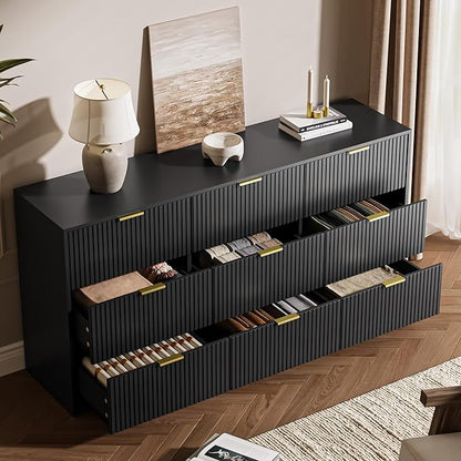 3-Piece Dresser Bedroom Set, 9 Drawer Dresser & 2 Drawer Nightstands with Gold Handles, Fluted Wood Chest of Drawers for Bedroom, Living Room, Entryway, Black