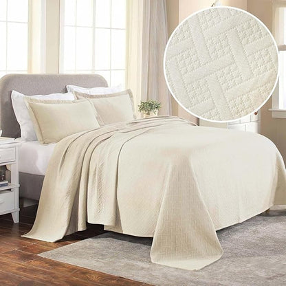 Superior 100% Cotton Basket Weave Bedspread with Shams, All-Season Premium Cotton Matelasse Jacquard Bedding, Quilted-Look Geometric Basket, Full, Ivory