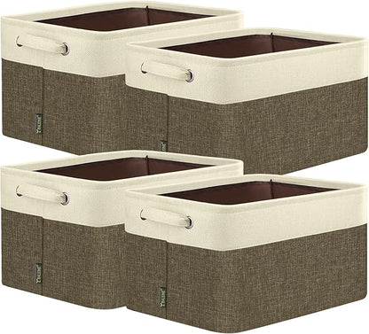 BALEINE 4 Pack Fabric Storage Bins for Shelves, Linen Storage Baskets for Organizing, Decorative Closet Bins for Clothes, Home (Brown, 15"x11"x9.5")
